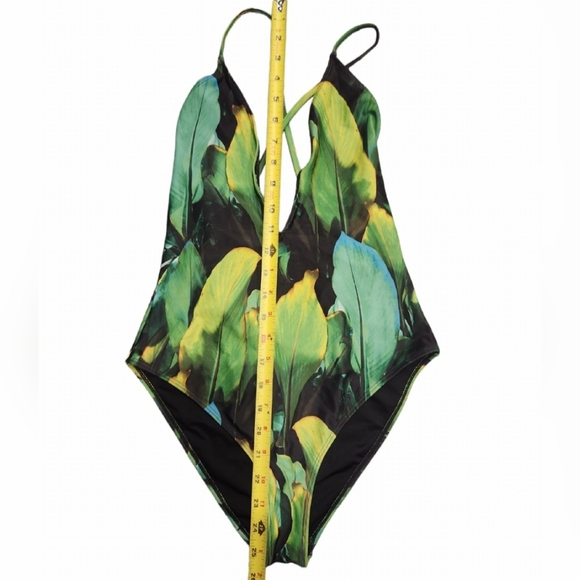 Forever 21 Leaf print One-piece bathing suit Small Green deep v strappy back - Picture 5 of 6